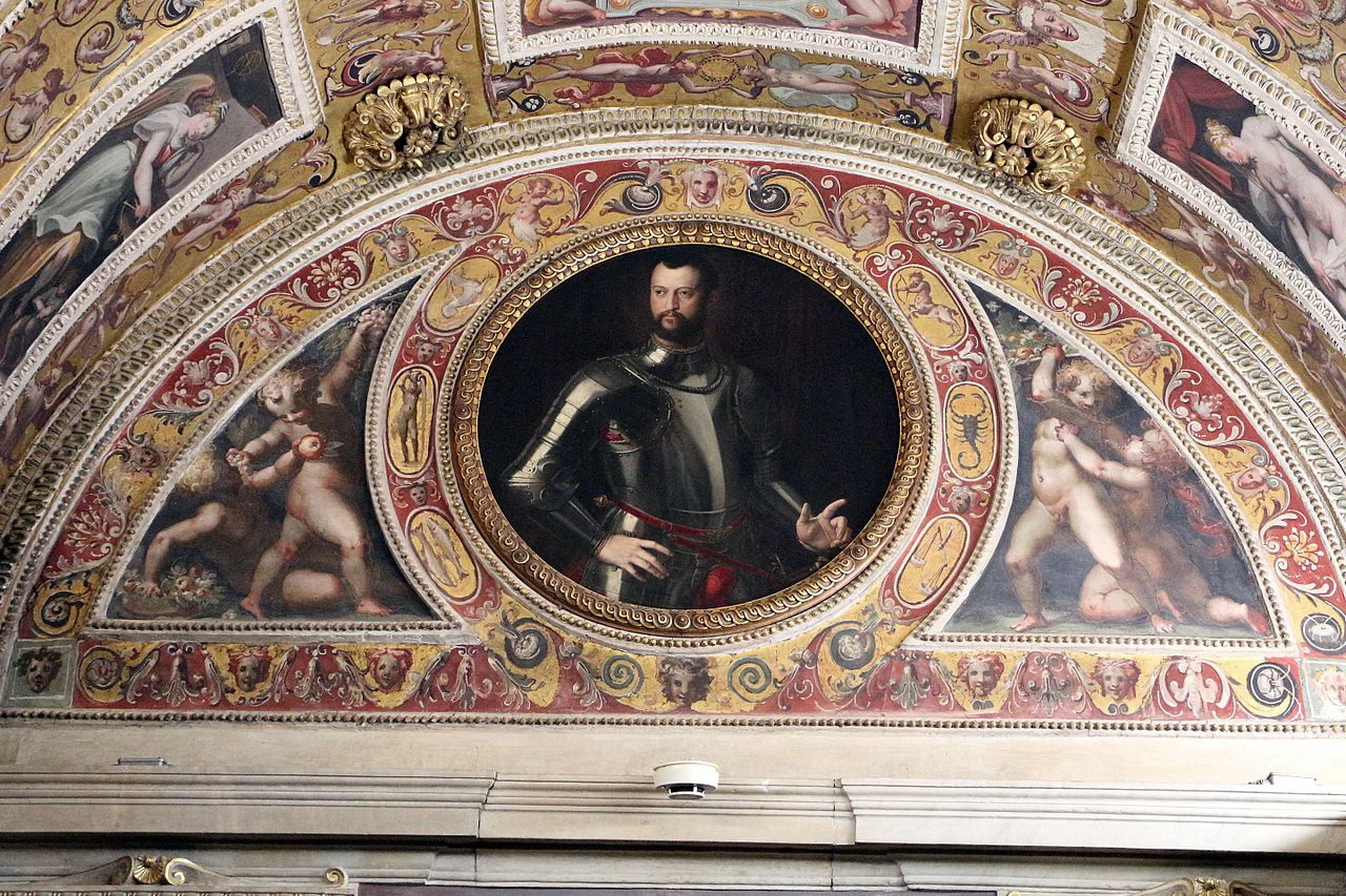 135-ritratto di cosimo I de' medici, tra allegorie di autunno e inverno tra i relativi segni zodiacali